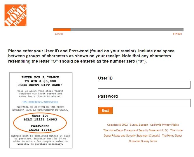 Home depot survey page